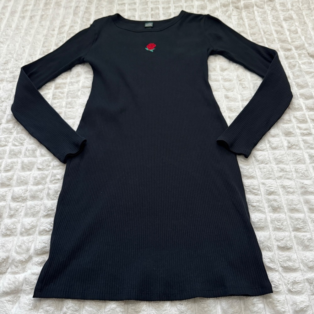 Wild Fable Small Black Ribbed Long Sleeve Fitted Bodycon Mini Dress 90s Y2K